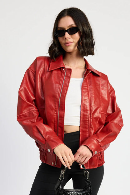 EMORY PARK OUTERWEAR Red / S Vintage Effect Vegan Leather Bomber